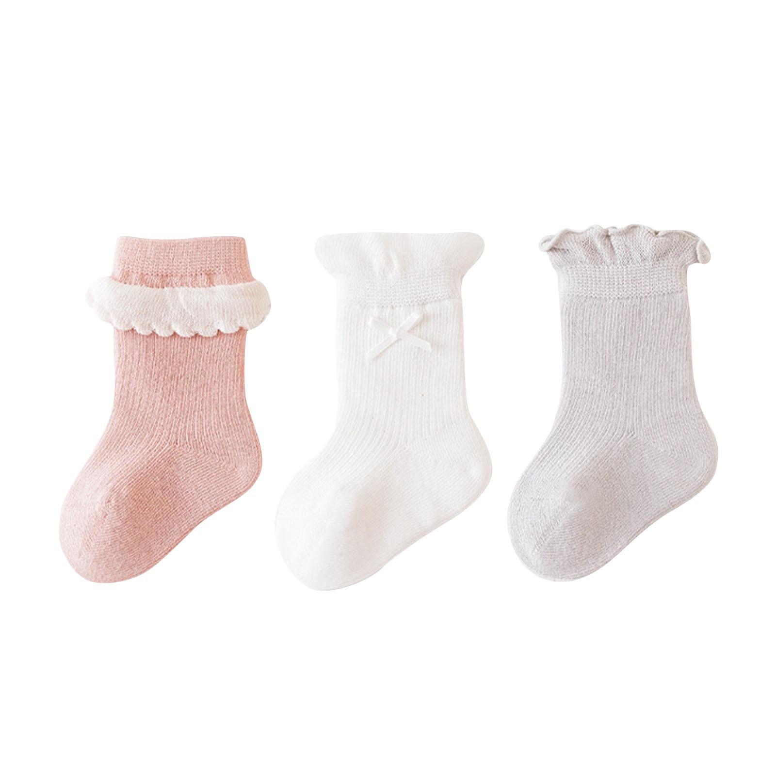 Zwiiyzr 3 Pairs Kids Baby Unisex Solid Color Cotton Socks Newborn Lace Solid Color Crew Socks Baby Kids Socks 0-3T Pink